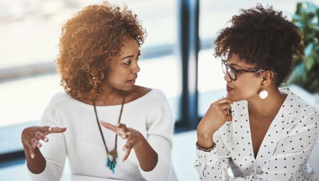 two women talking